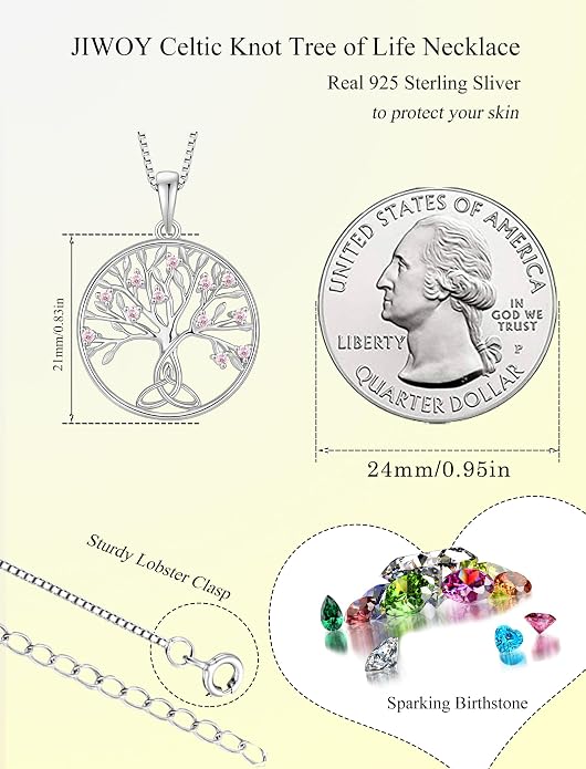 Celtic Knot Tree Necklace 925 Sterling Silver Tree of Life Pendant Birthstone Jewelry for Women