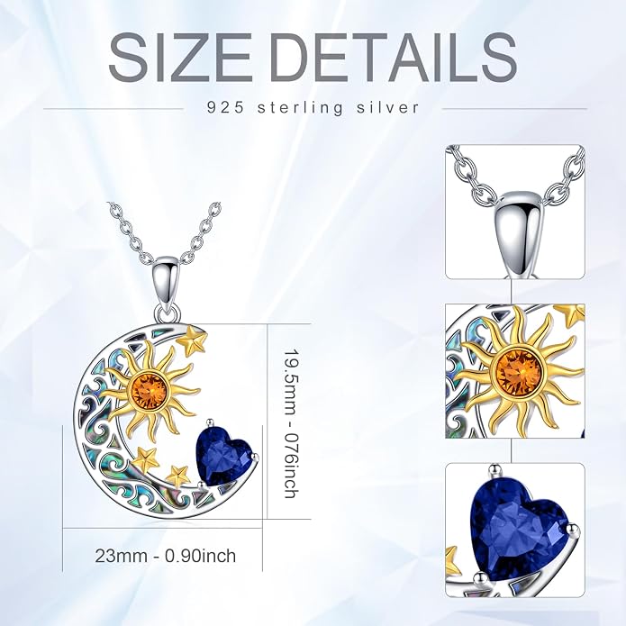 AOBOCO 925 Sterling Silver Sun and Moon Star Pendant Necklace with Simulated Birthstone, Birthday Christmas Jewelry Gift for Women Teen Girls