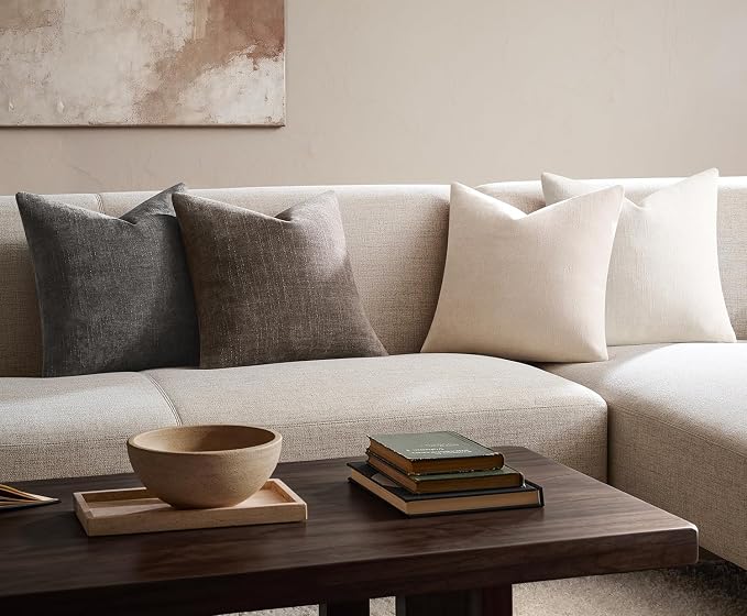 Pack of 4 Throw Pillow Covers 18x18 Inch Chenille Textured Neutral Soft Pillow Covers Solid Decorative Farmhouse Cushion Covers Home Boho Decor for Couch Sofa Bed Living Room