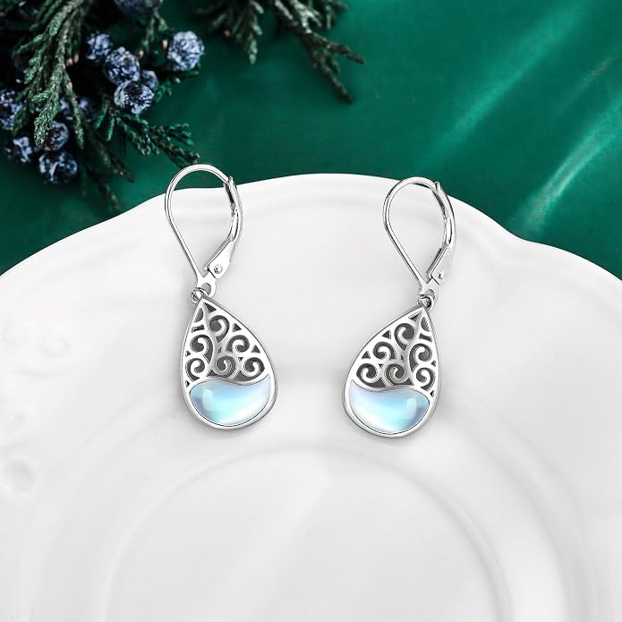 Filigree Teardrop Dangle Earrings Sterling Silver Filigree Moonstone Leverback Earrings Jewelry for Women