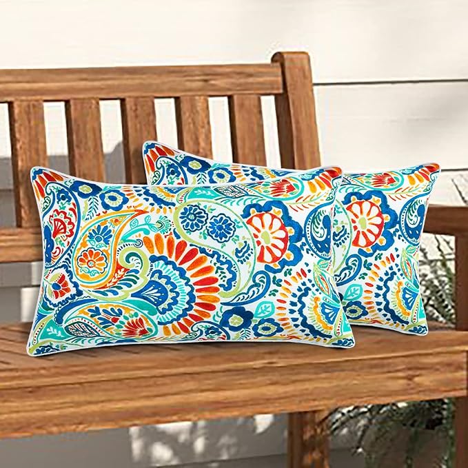 Magpie Fabrics Set of 2 Lumbar Throw Pillow with Insert 12x20 Inch, Outdoor Rectangular Waterproof Home Decorative Toss Cushion for Patio Garden Car Office - Paisley Multi