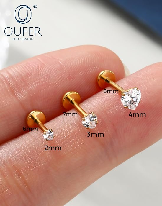 OUFER 18G 6/7/8MM Flat Back Cartilage EarRings-3PCS Gold Titanium Extended Internally Threaded Lip Piercing 2/3/4MM Round Clear CZ Helix Piercing Jewelry