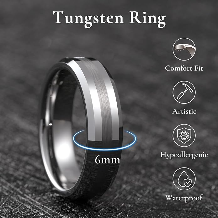 King Will Classic Tungsten Carbide Ring Brushed Two Grooved Center Hammered Design Mens Wedding Band for Men