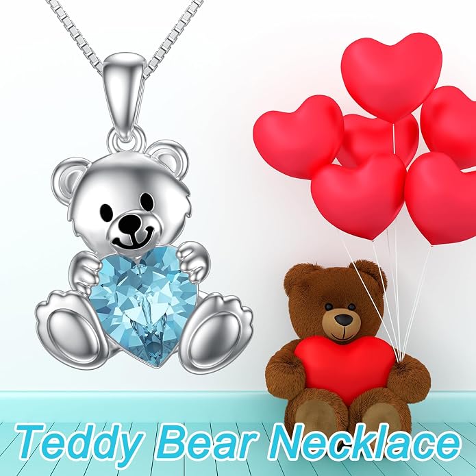 PELOVNY Teddy Bear Necklace for Women 925 Sterling Silver Bear/Highland Cow/Fox/Cat/Axolotl Birthstone Necklace Christmas Birthday Jewelry Gifts for Mom Daughter Wife Sister