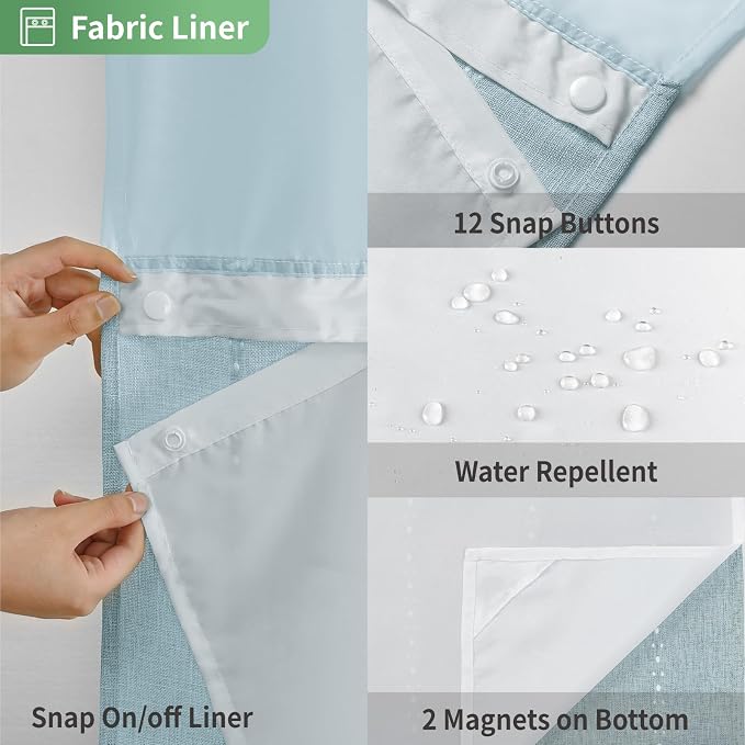 eachope No Hook Long Shower Curtain Set with Snap-in Fabric Liner,Linen Textured Thick Striped Fabric with Tassels,Boho Farmhouse Rustic Luxury Bathroom Curtain,Water-Repellent,Fog Blue,71x80