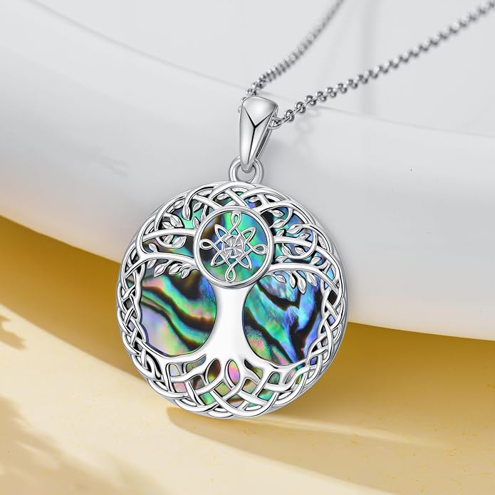 Tree of Life Necklace 925 Sterling Silver Abalone Shell Celtic Knot Tree Pendant Necklace Jewelry Gifts for Women Birthday Christmas