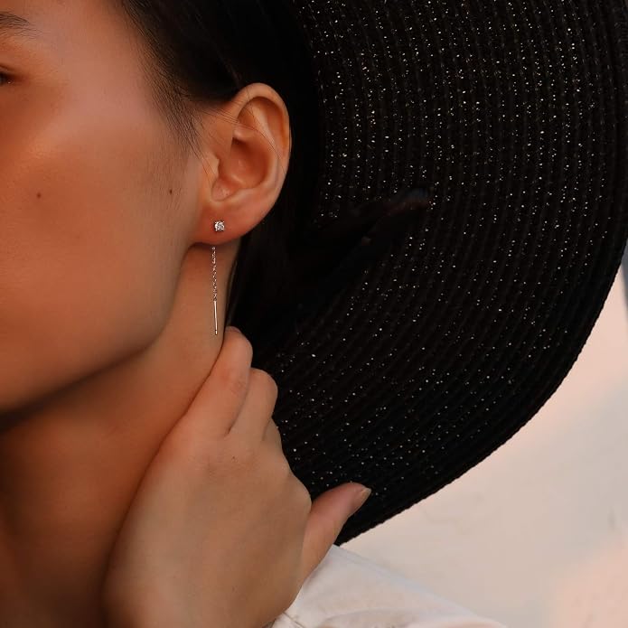 S.Leaf Gold Chain Threader Earrings for Women Trendy 925 Sterling Silver Hypoallergenic Cubic Zirconia Backless Ardant Chain Duster Threader Double Piercing Pull Through Earrings for Women Girls Birthday Gifts