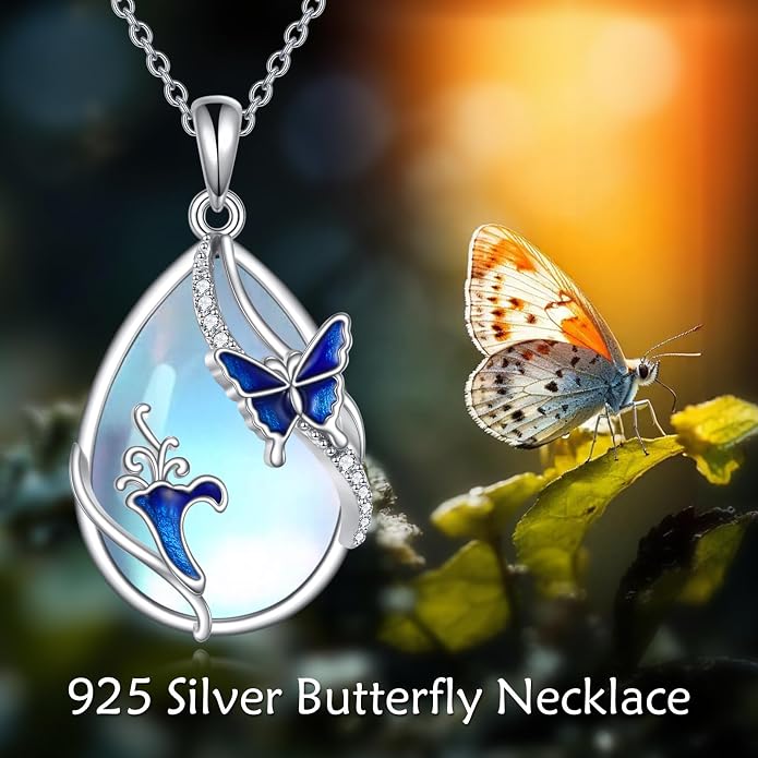 KQF Dragonfly/Butterlfy/Cat/Jellyfish/Bunny/Axolotl/Bee/Mermaid/Hummingbird/Elephant Necklace for Women Sterling Silver Moonstone Pendant Necklace Dragonfly Jewelry Gifts for Women