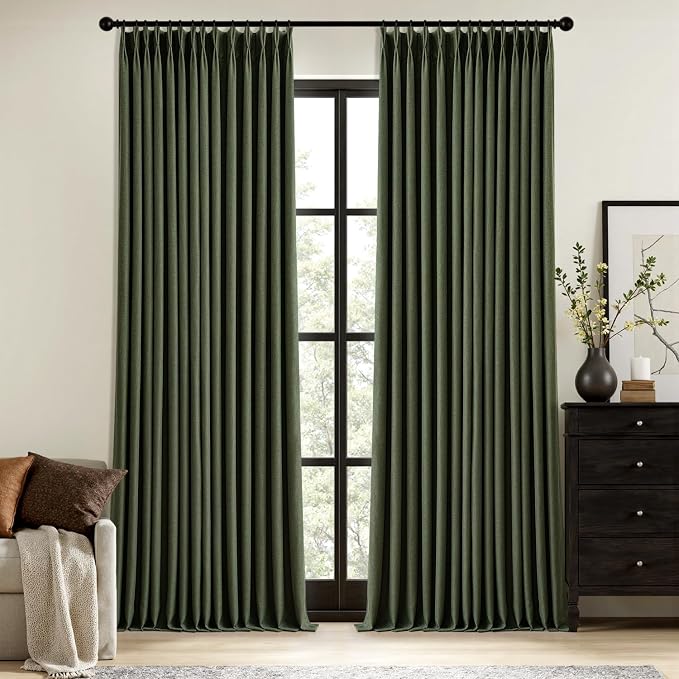 MIULEE Olive Green Pinch Pleated 100% Blackout Linen Curtains 108 Inch Long 2 Panels Set, Black Out Memory Trained Pleat Curtains Light Blocking Room Darkening Drapes for Bedroom Living Room Window