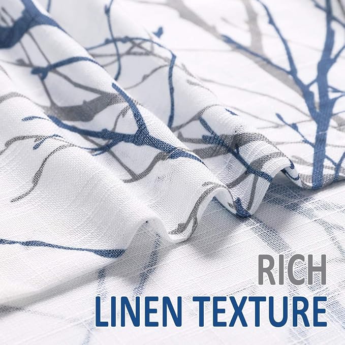 FMFUNCTEX Blue White Curtains 50" X 45" for Kitchen Living Room Tree Branch Print Wrinkle- Free Small Linen Texture Semi Sheer Window Panels for Bedroom 2 Panels, Grommet Top | Short Sheer Branch Patterned Drapes, Light Filtering Grommet Panels for Kit...