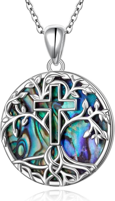 DAOCHONG Tree of Life Cross Necklace 925 Sterling Silver Abalone Shell Pendant Necklaces for Women Christian Religious Jewelry