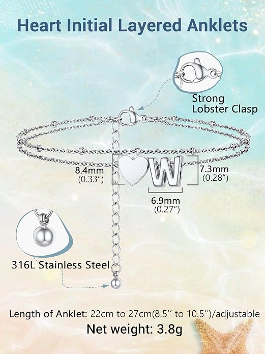 Initial Ankle Bracelets for Women, Dainty Stainless Steel Letter A-Z Layered Anklets, Heart Ankle Bracelet 8.5"-10.5" Adjustable, Summer Beach Jewelry, Come with Box