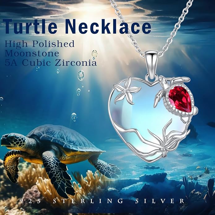 Sea Turtle/Seaweed Necklace for Women 925 Sterling Silver Heart of the Ocean Moonstone Pendant Necklace Turtle Moonstone Jewelry Gift for Wife Mom