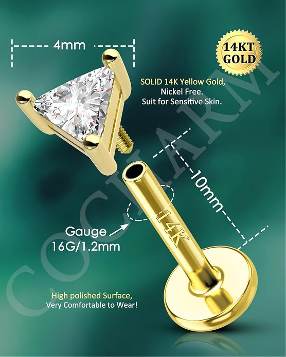 COCHARM 14K Real Gold Helix Cartilage Conch Earring, 16g Flat Back Triangle Tragus Piercing Jewelry, Solid Gold Lip Ring Stud, Yellow Gold Labret Jewelry
