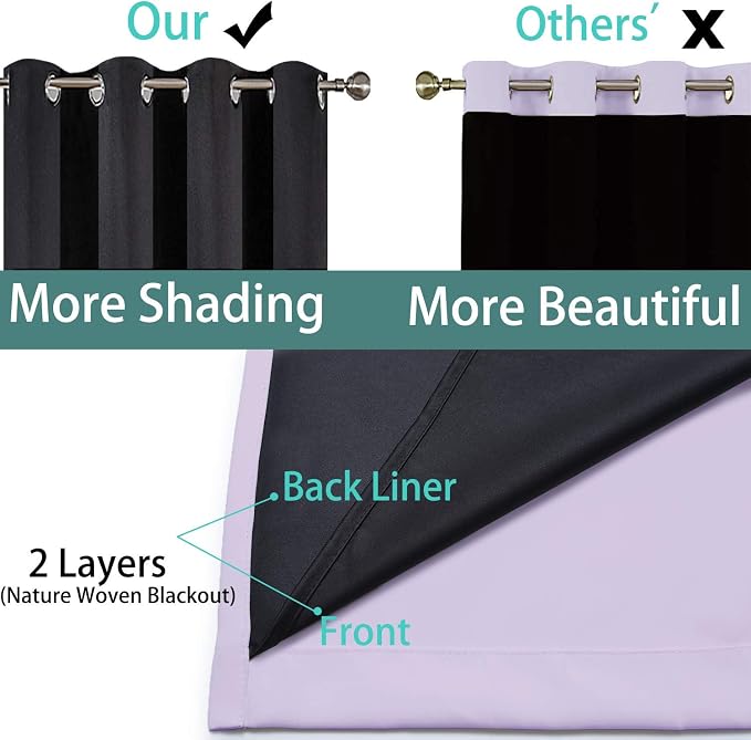 Yakamok Lilac 100% Blackout Curtains 63 Inches Long for Bedroom 62" Wide | Blackout Curtain Panels for Bedroom, 2 Thick Layers Grommet Top Thermal Insulated Drapes with Black Liner for Living Room