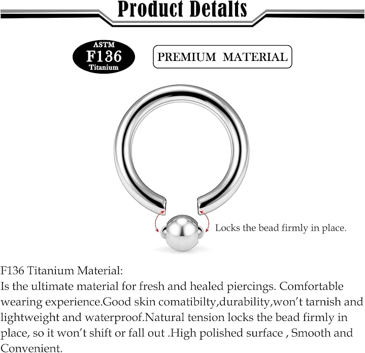 20G-2G ASTM F136 Titanium Septum Rings Nose Ring Hoops Circular Barbell Helix Snug Tragus Rook Daith Cartilage Earring Sneke Bites Lip Ring Hoop Smiley Piercing Jewelry for Women Men 6mm-19mm