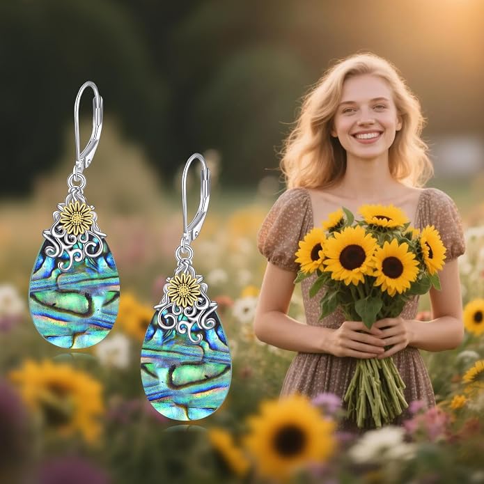 POPLYKE Dragonfly Butterfly Hummingbird Sunflower Earrings 925 Sterling Silver Abalone Shell Moonstone Leverback Earrings Jewelry