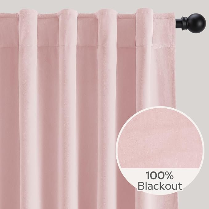 HOMEIDEAS 100% Blackout Pink Velvet Curtains, Thermal Noise Reduction Luxury Velvet Curtains for Bedroom Preppy Room Decor, Living Room, 52 X 108 Inch, 2 Panels