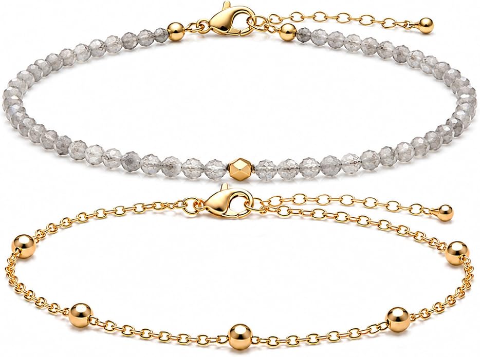 2Pcs Beaded Anklets for Women, Natural Stone Bead Ankle Bracelets with 14K Gold Plated Chain, Waterproof Adjustable Layered Anklet Set, Boho Beach Summer Jewelry Gift