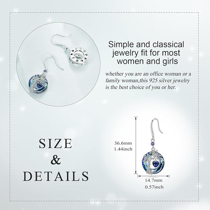 POPLYKE Tree of Life Birthstone Earrings 925 Sterling Silver Dainty Gemstone Birthstone Dangle Drop Earring with Crystal Fine Jewelry Birthday Gifts for Women Her