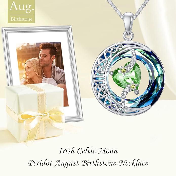TOUPOP Birthstone Necklace 925 Sterling Silver Moon and Star Pendant Celtic Moon Jewelry with Blue Crystal Anniversary Birthday Gifts for Women Mom Wife Her
