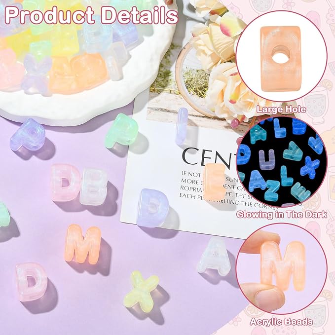 100Pcs Mixed Styles Glow in The Dark A-Z Letter Beads Acrylic Luminous Alphabet Beads for DIY Bracelets Lanyard Keychains Making