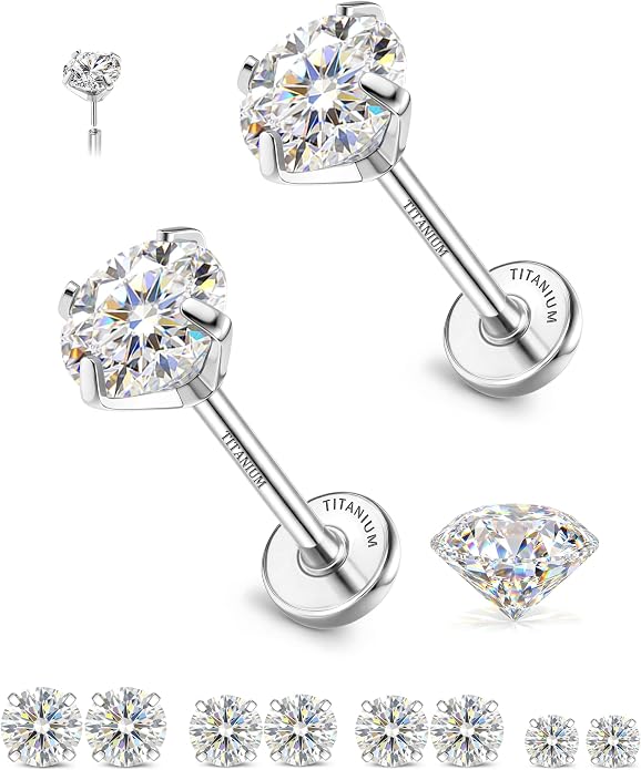 GEMQUEEN 8 PCS Moissanite ＆ Implant Grade G23 Titanium Nose Studs Flat Back Earrings Hypoallergenic : 14K Gold Plated Nose Rings 20G Push in Threadless Cartilage Helix Piercing Jewelry for Women Men