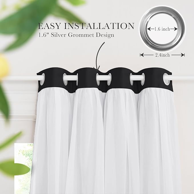 PONY DANCE 2 Layers Curtains Set - Room Darkening Mix & Match Room Darkening Curtains with White Sheer Voile, 52" Wide and 72" Long,Black, 2 Panels