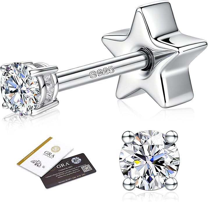 Moissanite Earrings Studs - 925 Sterling Silver Earrings for Women Men 14K Gold Plated Double Sided Star Flat Back Stud Earring Hypoallergenic Small Cartilage Helix Piercing Jewelry D Color VVS1
