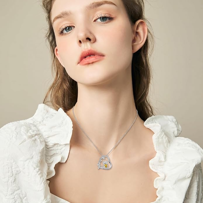 PELOVNY Teddy Bear Necklace for Women 925 Sterling Silver Bear/Highland Cow/Fox/Cat/Axolotl Birthstone Necklace Christmas Birthday Jewelry Gifts for Mom Daughter Wife Sister