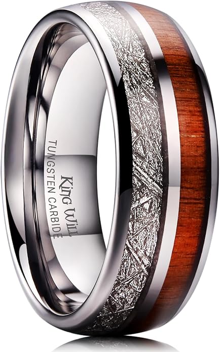 King Will Tungsten Rings for Men Meteorite Carbon Fiber Wood Inlay Mens Wedding Engagement Band Domed Polished