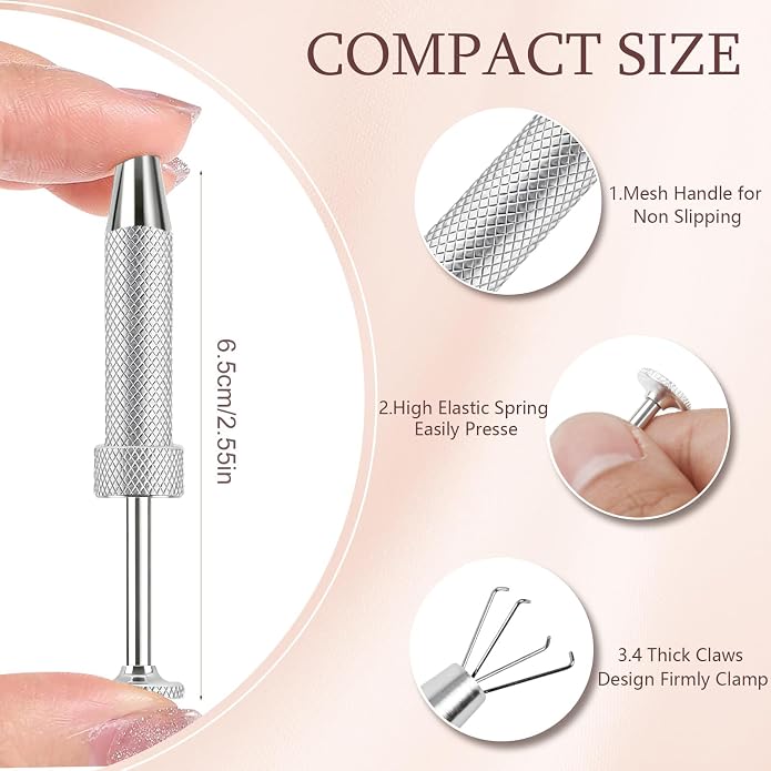ONESING 2Pcs Piercing Ball Grabber Tool for Changing Jewelry, Stianless Steel Flat Back Earring Applicator Internally Threaded Push Pin Piercing Grabber Tool, Anti Slip 4 Claw Gem Ball Grabber Tool