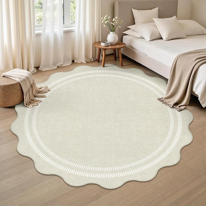 Area Rugs 5ft Living Room Washable Rug | Neutral Beige Soft Non Slip Rugs Ultra-Thin Indoor Carpet for Bedroom Dining Room Nursery Home Office