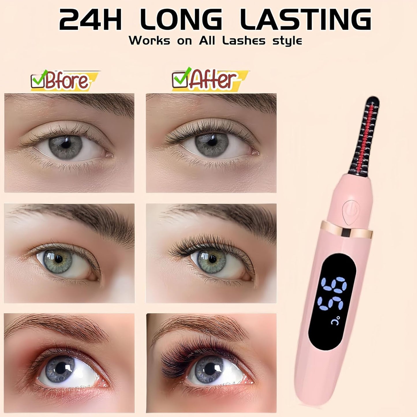 Heated Eyelash Curler, Heated Lash Curler with Led Display Electric Eye lash Curler 3 Temp Settings for Makeup Tools for Achieving A Natural Curl and Long Lasting Eyelashes, Designed for Women, Pink