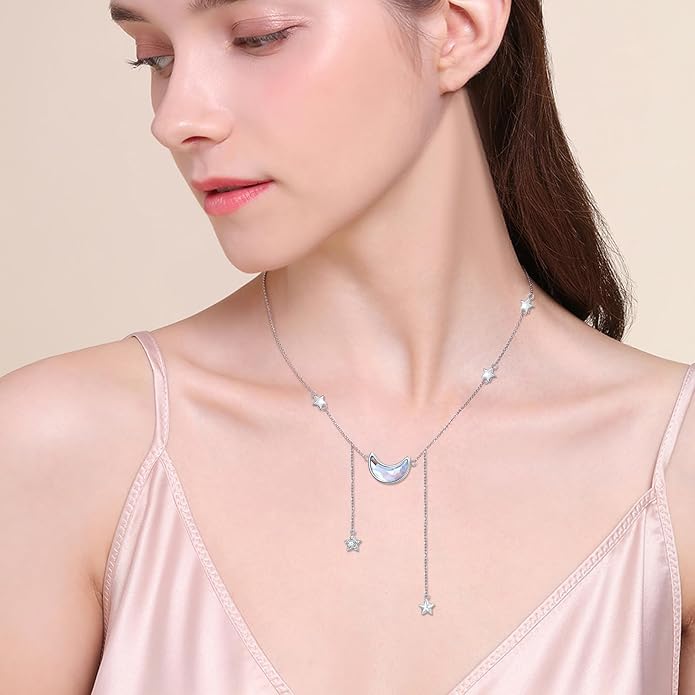 Ladytree 925 Sterling Silver Jewelry Crescent Moon and Star Pendant Necklace