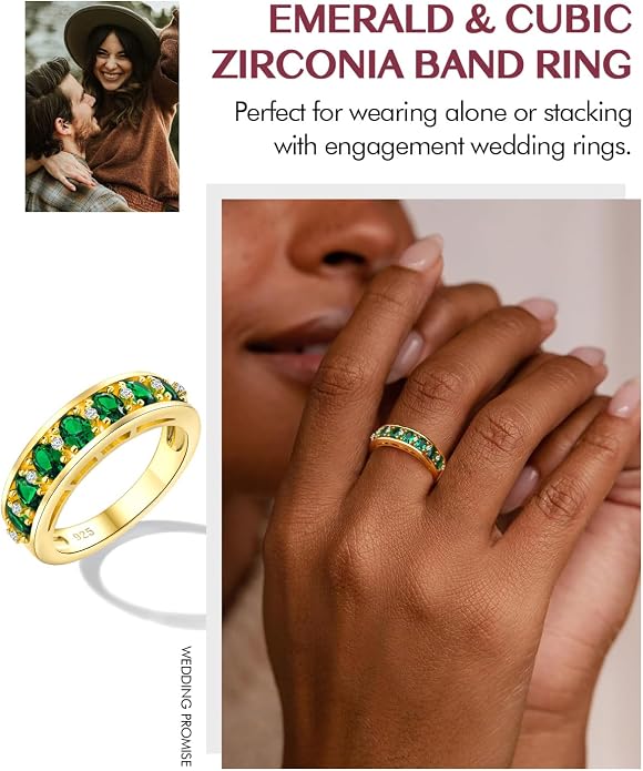 DAYBYDAY Oval Band Rings for Women, 925 Sterling Silver/14k Gold Plated Half Eternity Ring, Aquamarine/Ruby/Emerald/Sapphire Birthstone Rings, Thick Band Gemstone Anniversary Ring Size 6 to 10