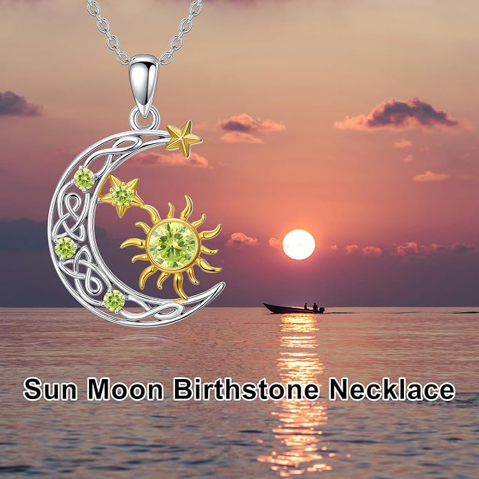 PELOVNY Sun and Moon Necklace for Women 925 Sterling Silver Sun Moon Star Birthstone Pendant Necklaces Birthday Christmas Jewelry Gifts for Mom Daughter Wife Sister