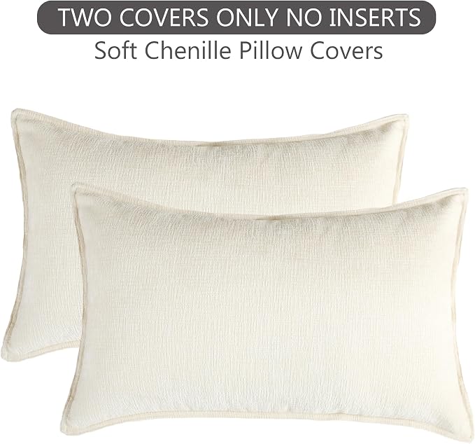 Stellhome Set of 2 Super Soft Textured Decorative Pillow Covers Lumbar Chenille Throw Pillow Covers Accent Solid Cushion Cover for Couch Sofa Bedroom Living Room 12x20 Inch, Cream White