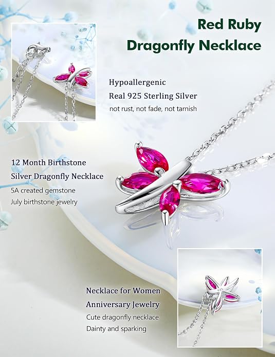 925 Sterling Silver Birthstone Necklaces for Women, Dainty Cute Dragonfly/Butterfly Pendant Necklace, Great Christmas/Anniversary Jewelry for Mother