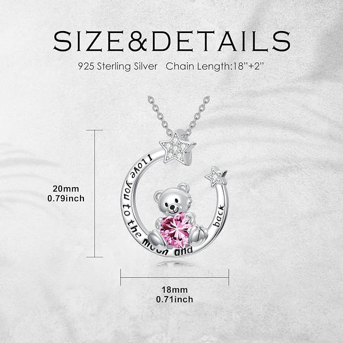 PELOVNY Teddy Bear Necklace for Women 925 Sterling Silver Bear/Highland Cow/Fox/Cat/Axolotl Birthstone Necklace Christmas Birthday Jewelry Gifts for Mom Daughter Wife Sister