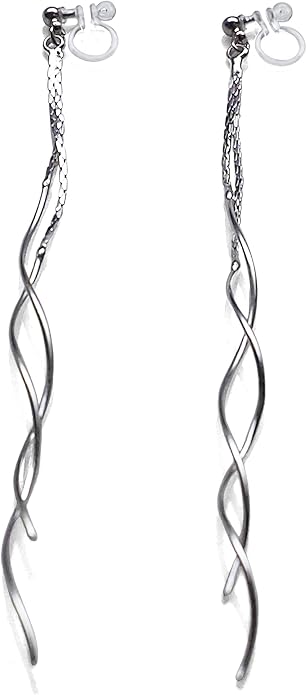 Comfortable Stick Invisible Clip On Earrings Gold Dangle Long Waved Threader Bar Clip-On Non Pierced Earrings Silver For Women,…