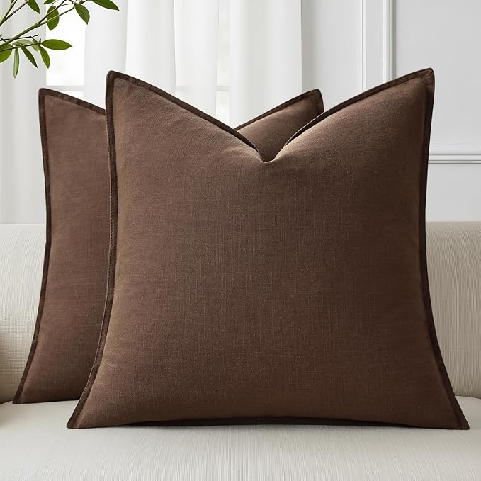 decorUhome Fall Brown Linen Throw Pillow Covers 18x18 Set of 2 | Decorative Soft Cozy Modern Farmhouse Boho Accent Pillow Cases with Flange Edges for Couch Bed Sofa Living Room Home Decor