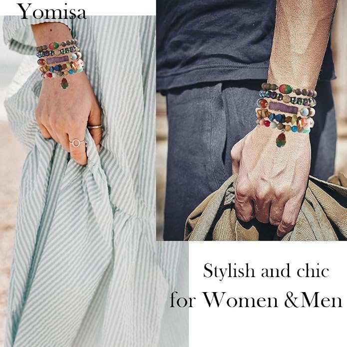 Yomisa 5PCS 6PCS Natural Boho Beaded Bracelets/Bangle for Women Men,Healing Turquoise Jasper Agate Crystal Gemstone Stone Chakra Multilayer Wrap Bohemian Handmade Jewelry Beads Stretch Bracelet Set