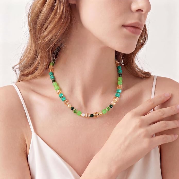 LALAPPLE Colorful Beaded Gemstone Necklace for Women, Boho Rainbow Bead Choker with Natural Stone Crystal Beads, Handmade Summer Beach Necklace Jewelry