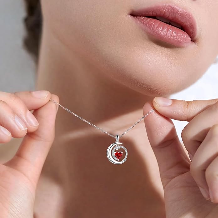 S925 Sterling Silver Birthstone Pendant Necklace Moon Star Necklace Jewelry Gift for Women Anniversary Valentine's day