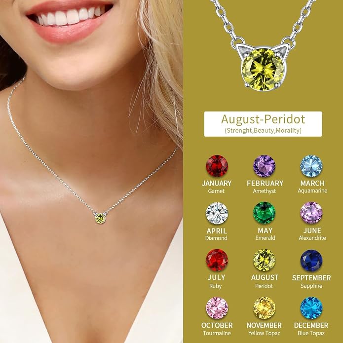 ChicSilver Bow and Cat Birthstone Necklace, 925 Sterling Silver Pendant Necklaces for Women, Hypoallergenic Silver Choker with 16 inch Rolo Chain, 12 Months Jewelry for Valentines Mothers Day Christmas