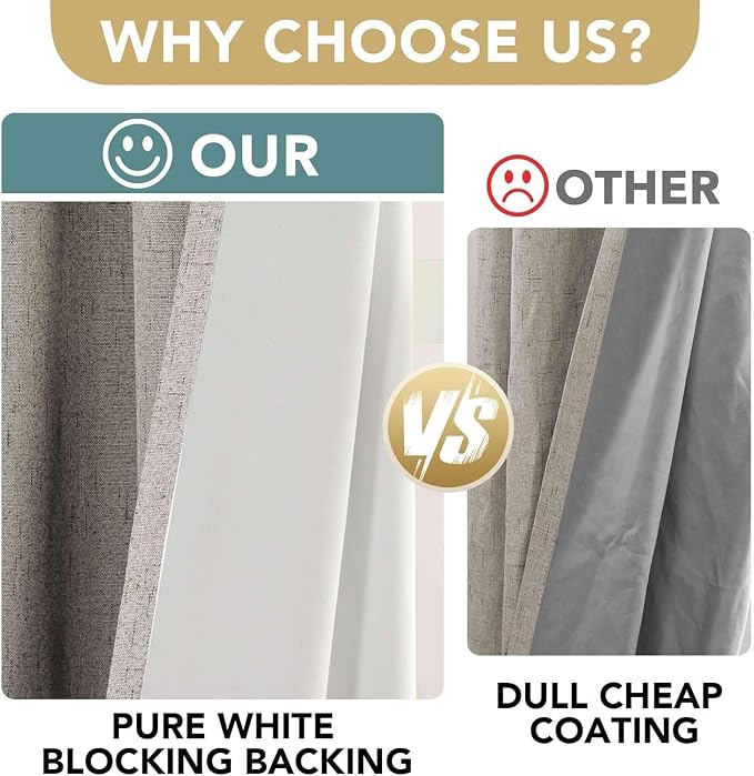 H.VERSAILTEX Linen Curtains 100% Blackout Curtains for Bedroom 90 inch Long Full Light Blocking Nature Linen Blended Window Curtains for Living Room Nickel Grommet (2 Panels, Stone)