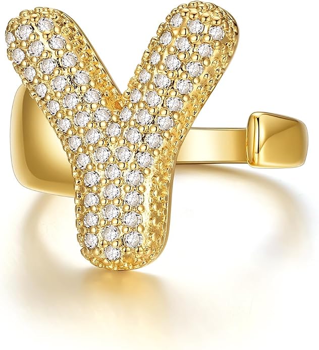 KeyStyle Bold Initial Letter Rings Adjustable, GoldChic Jewelry Women Gold Statement Ring Personalized Engraved Women’s Open Signet Ring for Party (Gold, White Gold, Black)
