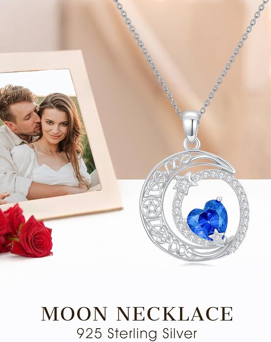 Dorunmo Heart Birthstone Necklace for Women 925 Sterling Silver Moon and Star Pendant Birthday Jewelry Gifts for Wife Her Daughter Mom