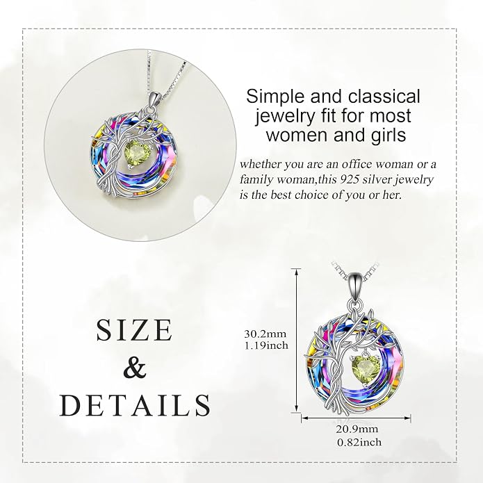POPLYKE Mothers Day Gifts for Mom Her Wife Tree of Life Necklace 925 Sterling Silver Birthstone Pendant with Crystal Anniversary Birthday Wedding Jewelry for Women
